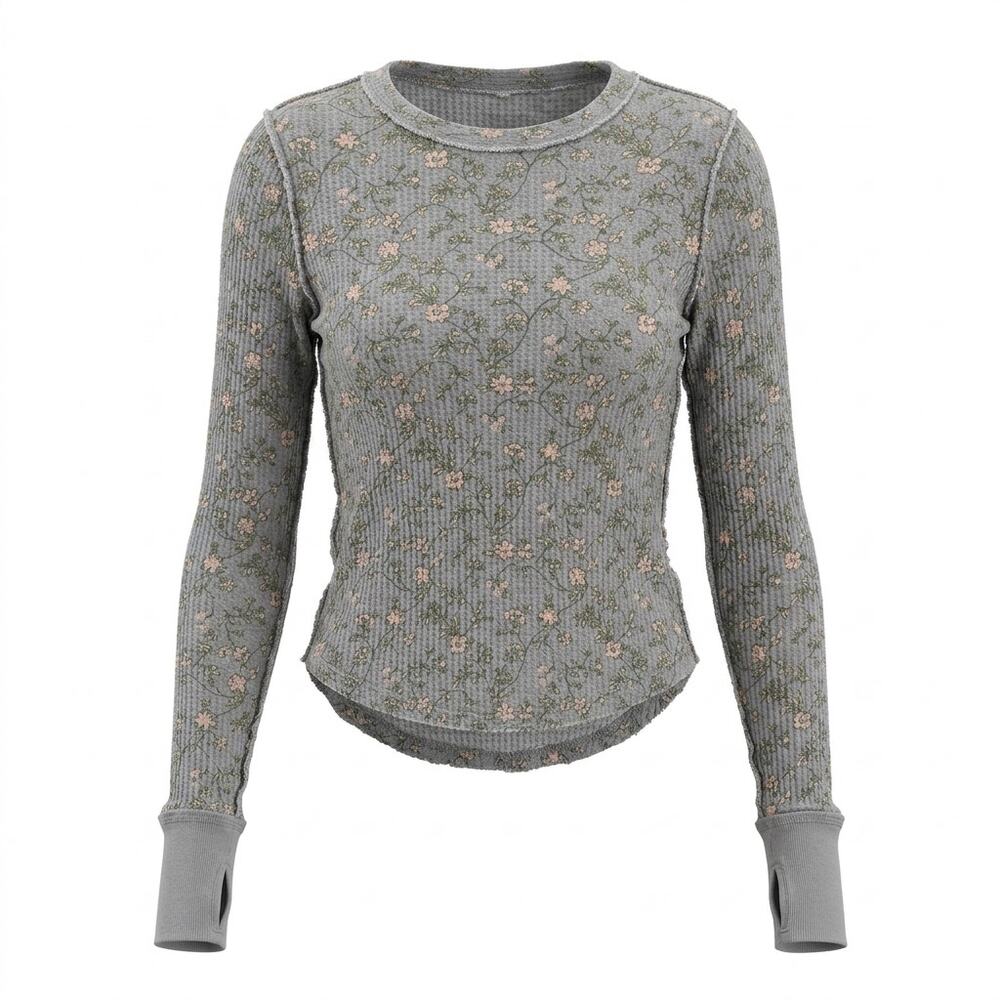 We The Free Gray Waffle Knit Floral Crew Neck Ribbed T-Shirt Women Size S